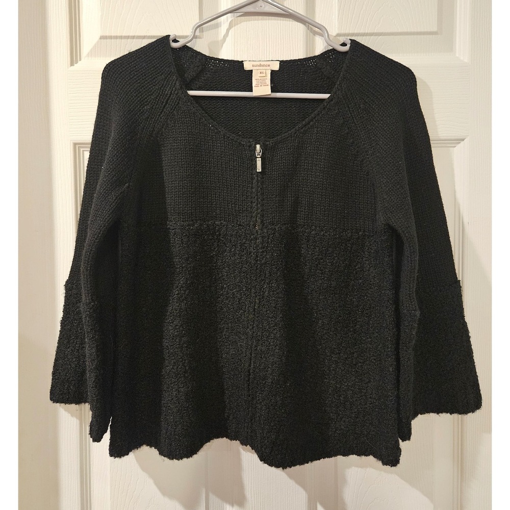 Sundance Black Knitโ Zip Front Sweater Wool Blend Bell Sleeve XS